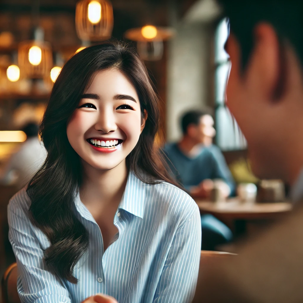 호감있는 남자 앞에서 웃고 있는 여자